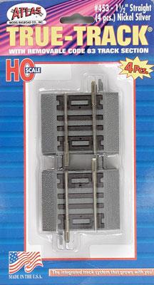 Atlas Model Railroad 453 HO Scale True-Track(R) Code 83 Track & Roadbed System -- Straight Section - 1-1/2" 3.2cm pkg(4)