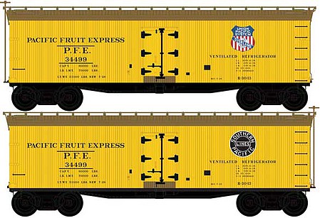 Atlas Model Railroad 50005502 N Scale 40' Wood Reefer - Ready to Run - Master(R) -- Pacific Fruit Express 34484 (yellow, Boxcar Red, SP, UP Overland Logos)