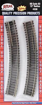 Atlas Model Railroad 530 HO Scale Code 83 Curved Snap Track -- 15" Radius pkg(6)