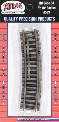Atlas Model Railroad 533 HO Scale Code 83 Curved Snap Track -- 1/2 Section - 18" Radius pkg(4)