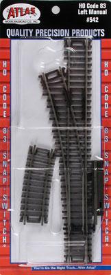 Atlas Model Railroad 542 HO Scale Code 83 Snap-Switch(R) Manual Turnout -- 18" Radius, Left Hand