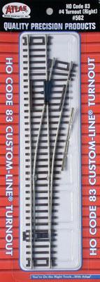 Atlas Model Railroad 562 HO Scale Code 83 Turnout w/Nickel-Silver Rail & Brown Ties - Custom Line(R) -- #4 Right Hand