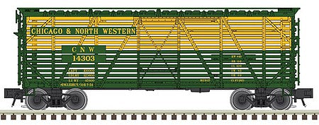 Atlas O 2002454 O Scale 40' Steel Stock Car - 2-Rail - Ready to Run - Trainman(R) -- Chicago & North Western (green, yellow)