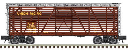 Atlas O 2002461 O Scale 40' Steel Stock Car - 2-Rail - Ready to Run - Trainman(R) -- Union Pacific (Boxcar Red, silver)