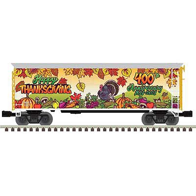 Atlas O 3001849 O Scale 40' Plug-Door Boxcar with Light - 3-Rail - Ready to Run - Trainman(R) -- Happy Thanksgiving PRLX 1621 (400th Anniversary, leaf and turkey graphics)