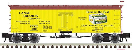 Atlas O 3002430 O Scale 36' Wood Reefer with Truss Rods - 2-Rail - Ready to Run - Master(R) -- Lange Creamery (yellow, Boxcar Red)