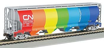 Bachmann 19151 N Scale Canadian Cylindrical 4-Bay Grain Hopper - Ready to Run - Silver Series(R) -- Canadian National (Demonstrator; Rainbow Colors on Side A, Gray on Side B)