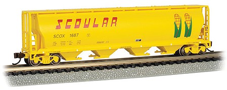 Bachmann 19160 N Scale Canadian Cylindrical 4-Bay Grain Hopper - Ready to Run - Silver Series(R) -- Scoular Grain SCOX #1687 (yellow, Ears of Corn)