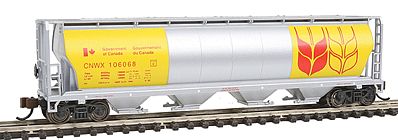 Bachmann 19184 N Scale Canadian Cylindrical 4-Bay Grain Hopper - Ready to Run - Silver Series(R) -- Government of Canada CNWX (silver, yellow, brown)