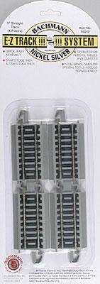 Bachmann 44512 HO Scale Straight Track w/Nickel Silver Rail & Gray Roadbed - E-Z Track(R) -- 3" 7.6cm pkg(4)