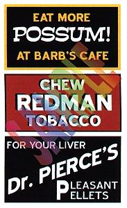 Blair Line 2250 HO Scale Barn Sign Decals -- Set #1 - Eat More Possum, Chew Redman, Dr. Pierce
