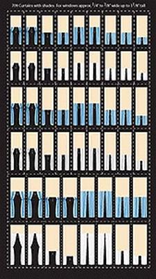 City Classics 709 HO Scale Curtains With Shades -- For Windows 1/4 to 3/8" x 1-1/8" .6 to 1 x 2.6cm pkg(50) (blue, white)