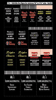 City Classics 714 HO Scale 1940-50s Era Window Signs -- Set #2 for 5/8 to 1-1/4" 1.6 to 3.2cm Wide Windows