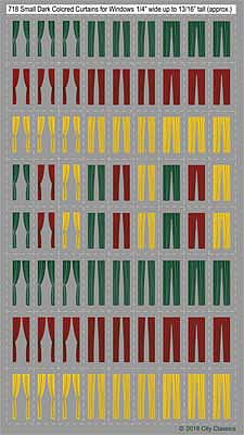 City Classics 718 HO Scale Dark-Colored Curtains - Window Dressings -- For Windows 1/4" x up to 13/16" .6 x 2.1cm pkg(70) (green, red, yellow)