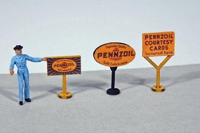 JL Innovative Design 473 HO Scale Vintage Gas Station Curb Signs -- Pennzoil pkg(3)