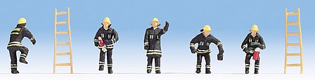 Noch 15021 HO Scale Firefighters w/Ladders -- 5 Figures (black coats) & 2 Ladders