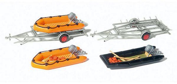 Preiser 17312 HO Scale 3 Rubber Dinghy Boats and Two Trailers