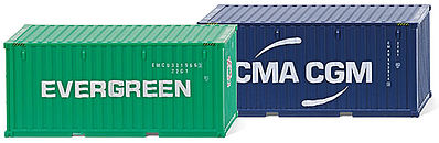 Wiking 1814 HO Scale 20' Corrugated Intermodal Container Set - Ready to Run -- 1 Each Evergreen (green) & CMA CGM (blue)