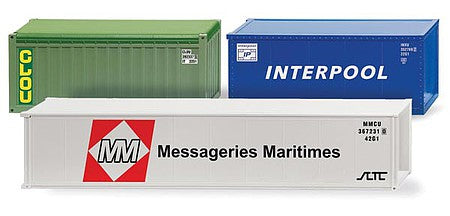 Wiking 1824 HO Scale 2 20' and 1 40' Container Pack - Assembled -- 1 CLOU Canvas-Top (green), 1 Interpool 20' Smooth-Side (blue), MM 40' (white