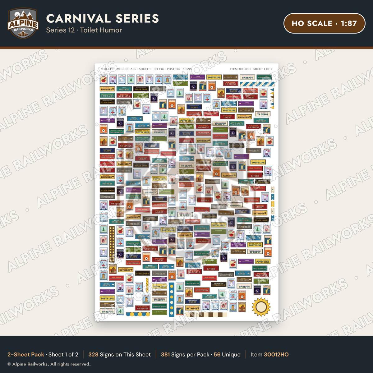 Alpine Railworks 30012HO HO Scale Carnival Signs - Toilet Humor