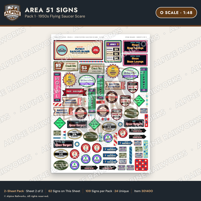 Alpine Railworks 30140O O Scale Area 51 Signs - Flying Saucer Scare