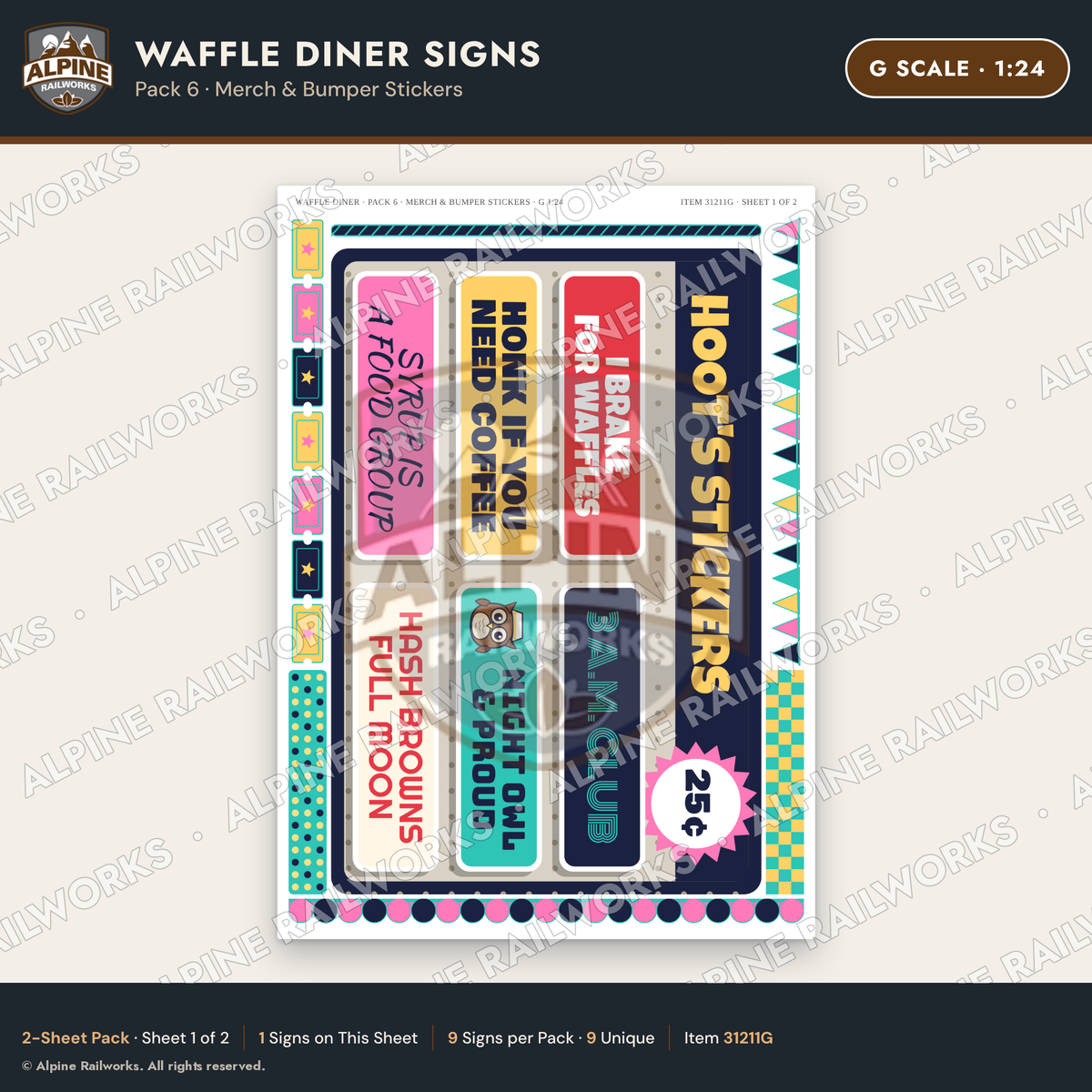 Alpine Railworks 31211G G Scale Waffle Diner Signs - Bumper Stickers