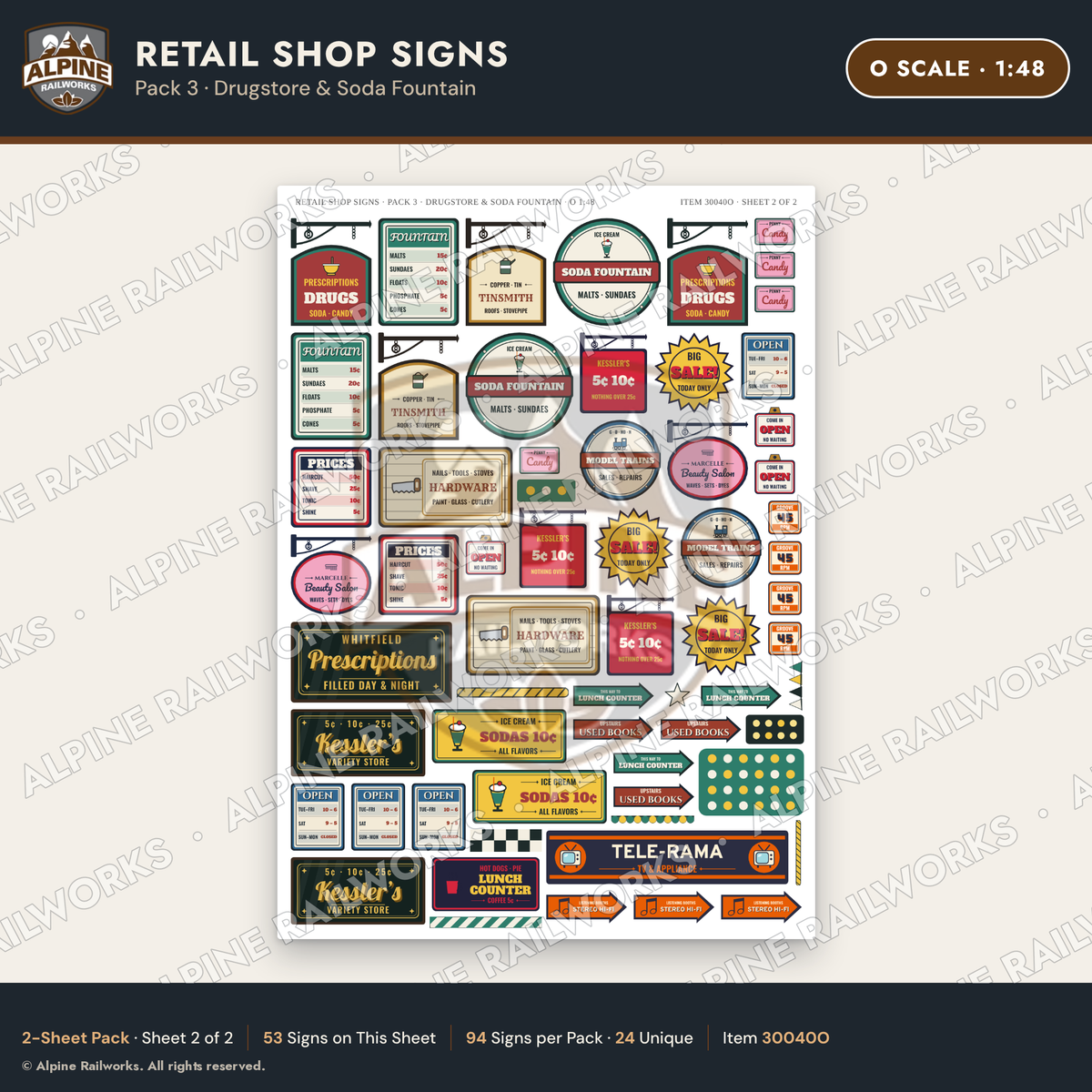 Alpine Railworks 30040O O Scale Retail Shop Signs - Drugstore