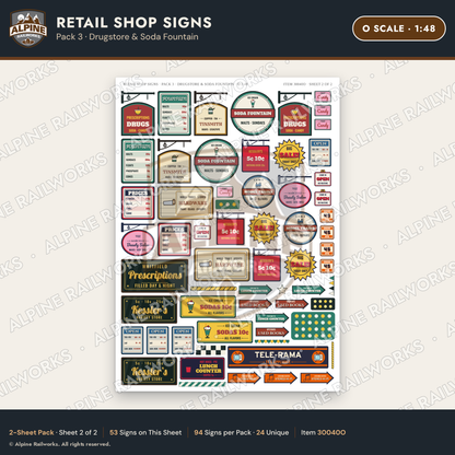 Alpine Railworks 30040O O Scale Retail Shop Signs - Drugstore