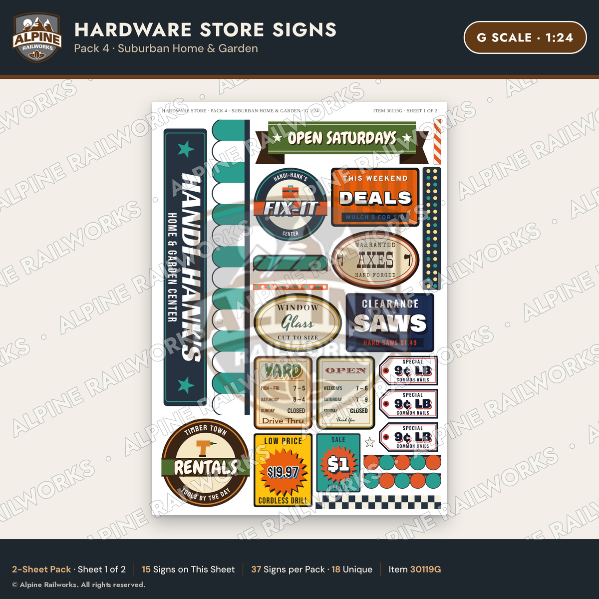 Alpine Railworks 30119G G Scale Hardware Store Signs - Suburban Home