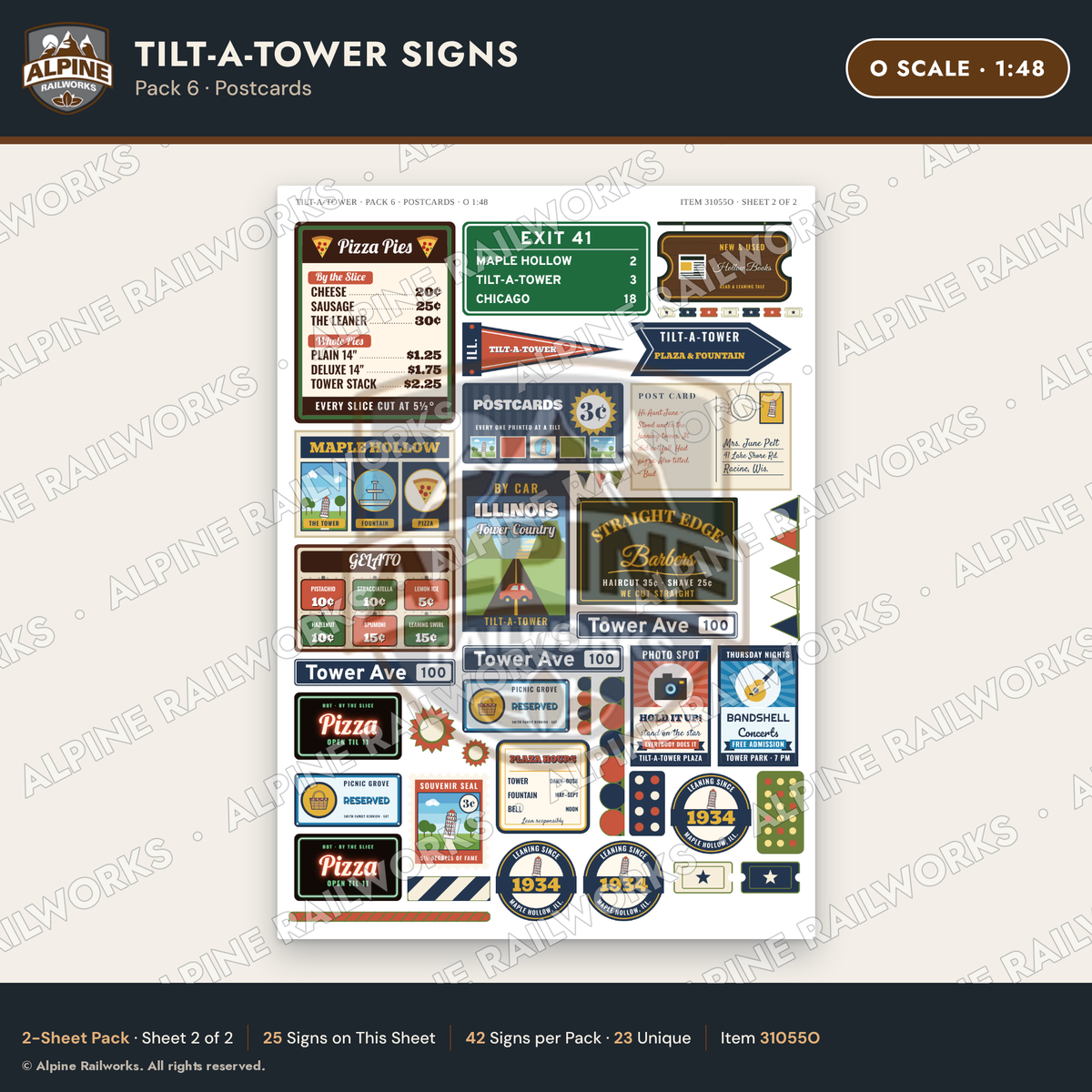 Alpine Railworks 31055O O Scale Roadside Signs - Leaning Tower