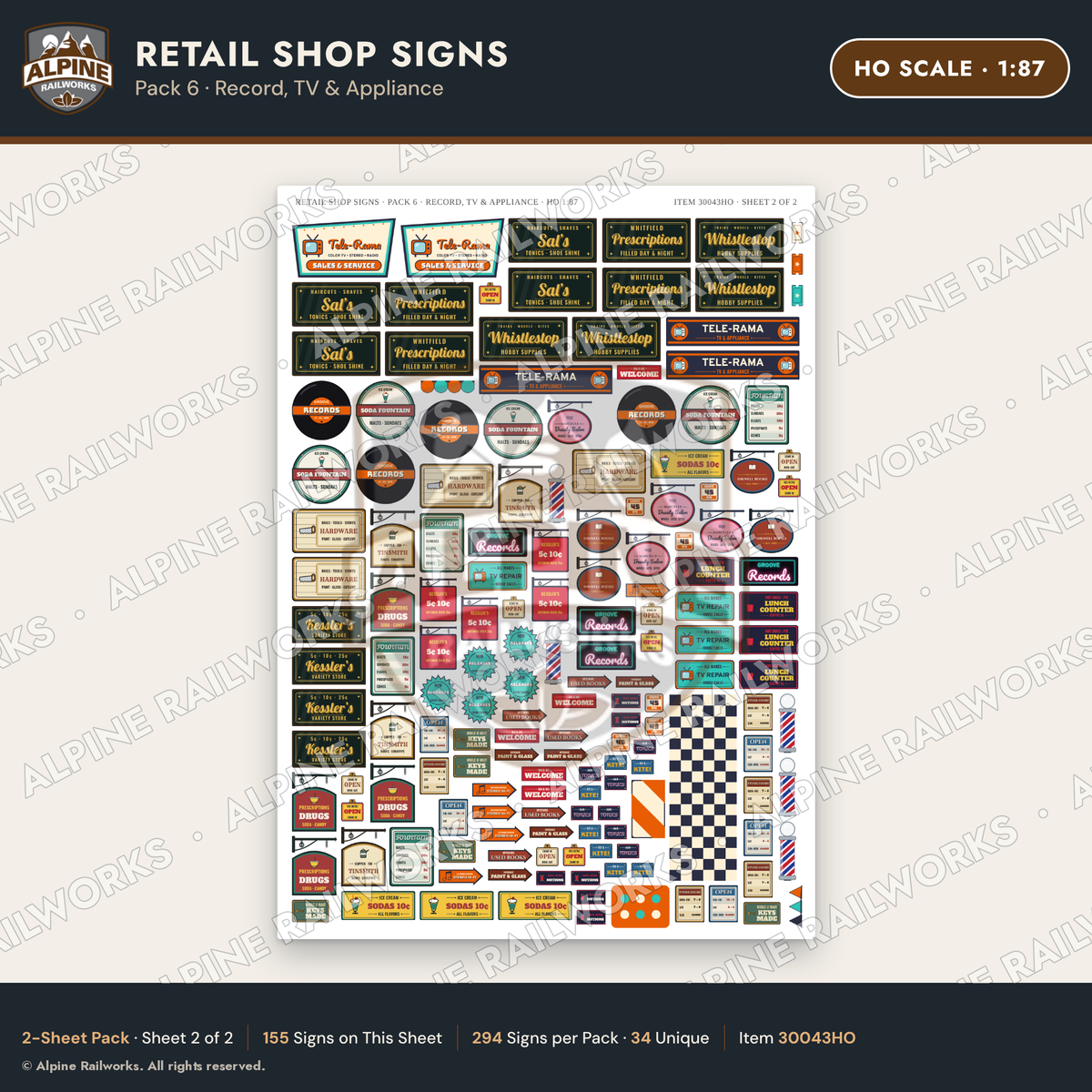 Alpine Railworks 30043HO HO Scale Retail Shop Signs - Record & TV