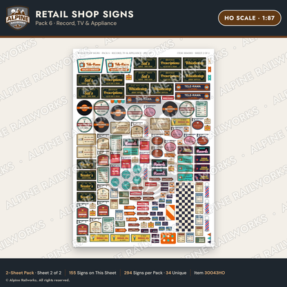 Alpine Railworks 30043HO HO Scale Retail Shop Signs - Record & TV