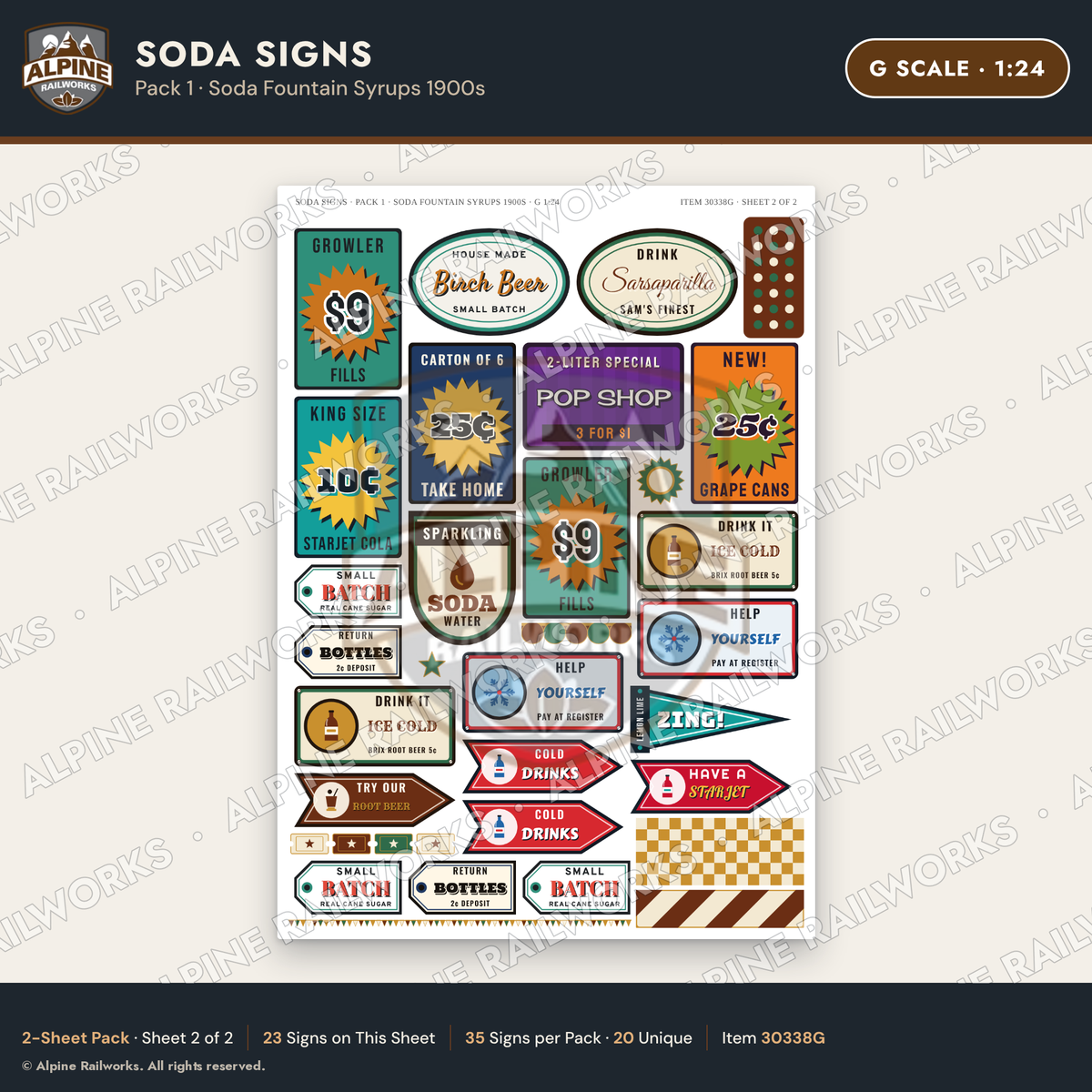 Alpine Railworks 30338G G Scale Soda Signs - Soda Fountain Syrups