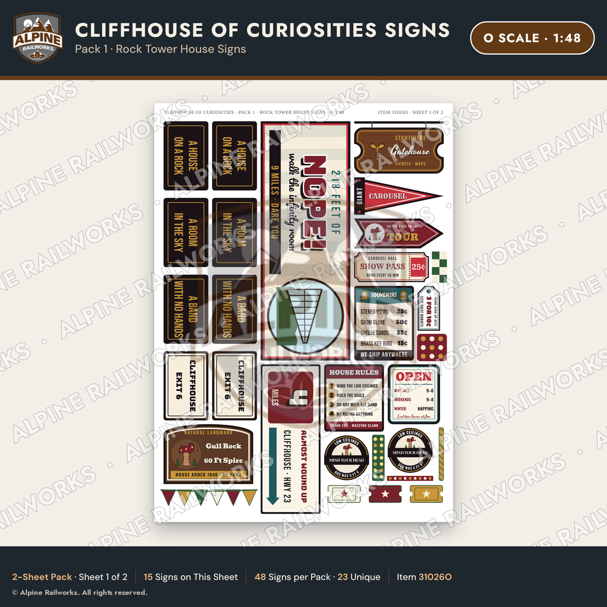 Alpine Railworks 31026O O Scale Roadside Signs - Curiosity House