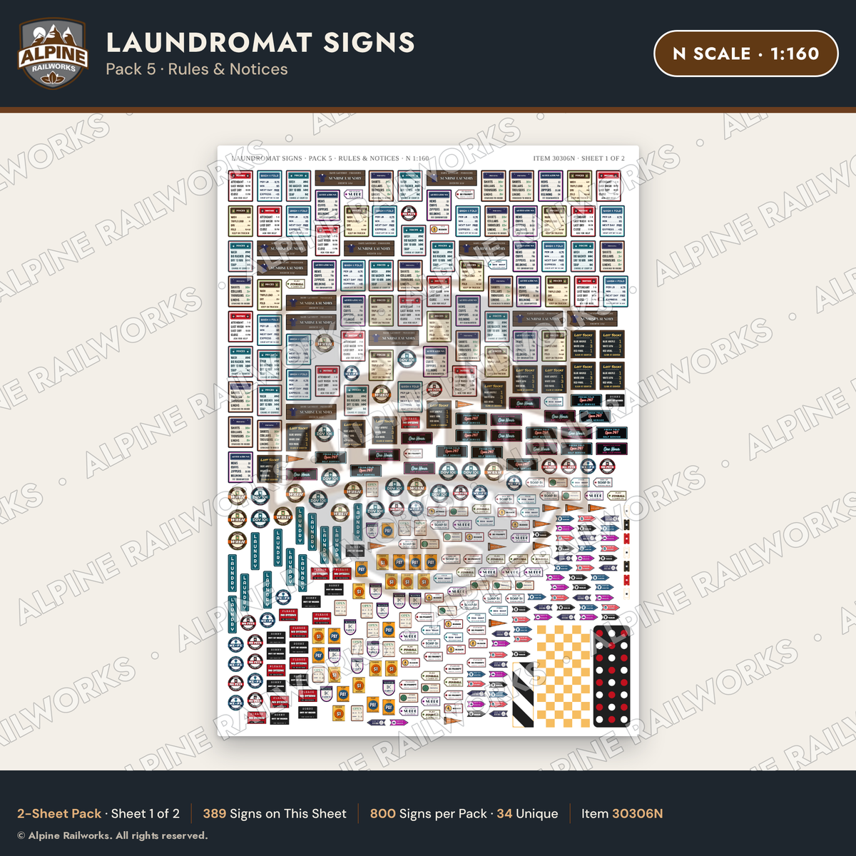 Alpine Railworks 30306N N Scale Laundromat Signs - Rules & Notices