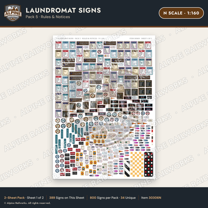 Alpine Railworks 30306N N Scale Laundromat Signs - Rules & Notices
