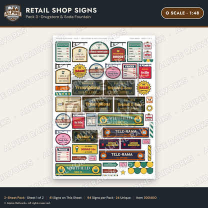 Alpine Railworks 30040O O Scale Retail Shop Signs - Drugstore
