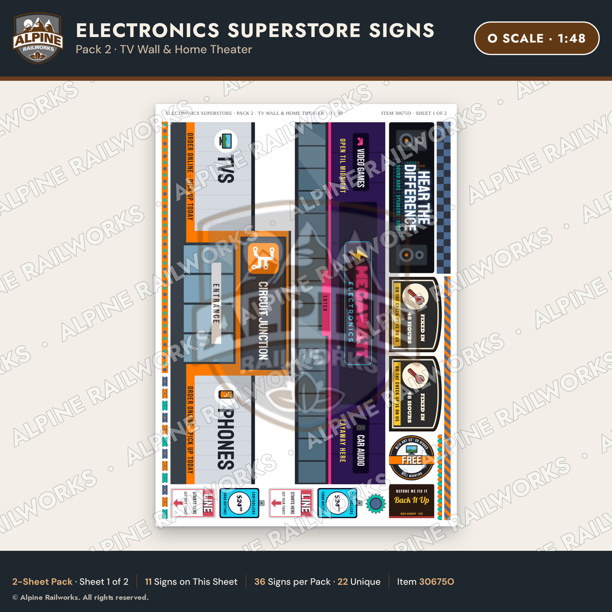 Alpine Railworks 30675O O Scale Electronics Superstore Signs - TV Wall