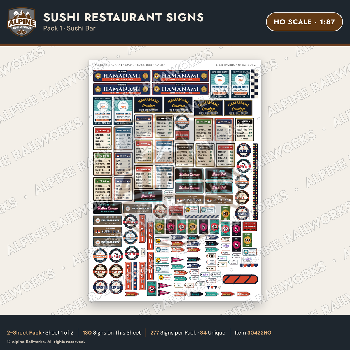 Alpine Railworks 30422HO HO Scale Sushi Restaurant Signs - Sushi Bar