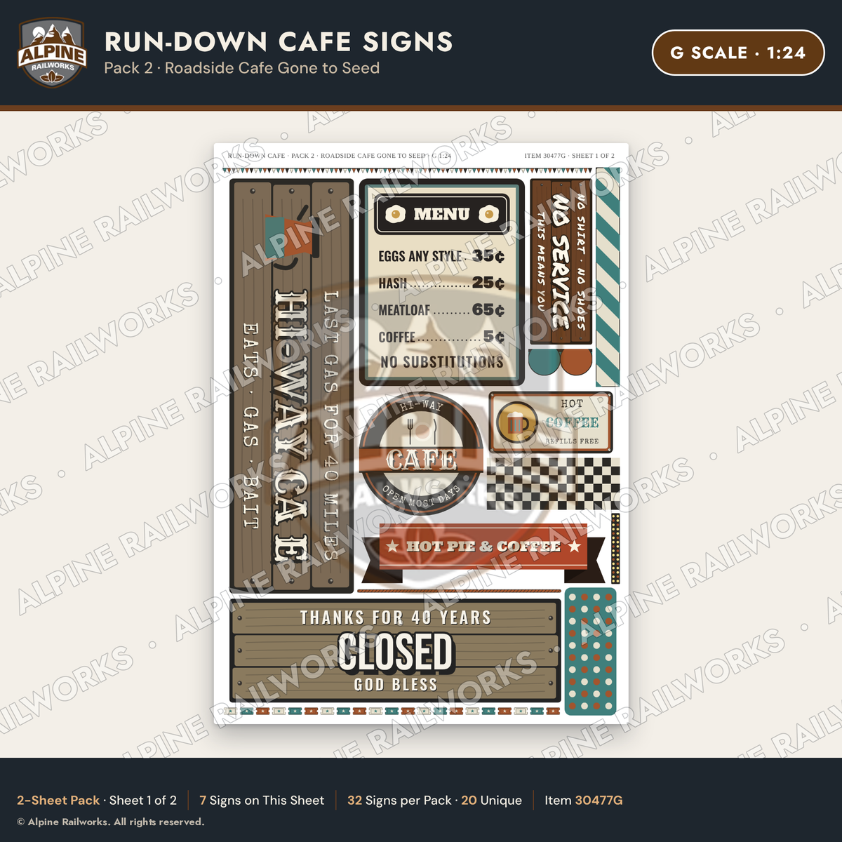 Alpine Railworks 30477G G Scale Run-Down Cafe Signs