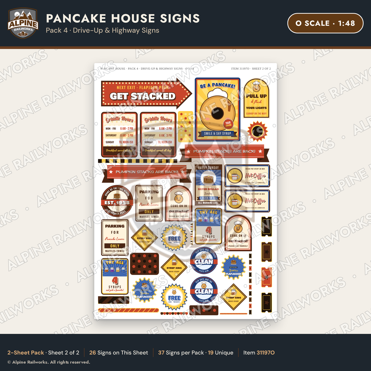 Alpine Railworks 31197O O Scale Pancake House Signs - Highway Signs