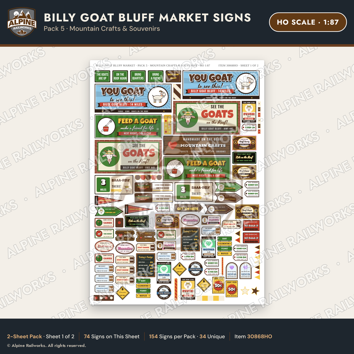 Alpine Railworks 30868HO HO Scale Roadside Signs - Goats on the Roof