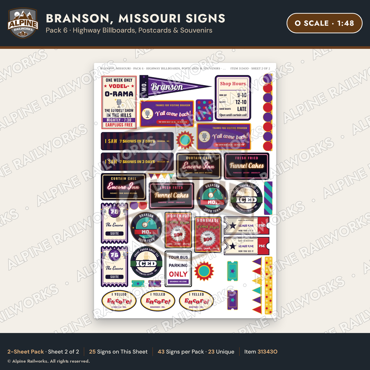Alpine Railworks 31343O O Scale Branson MO Signs - Billboards