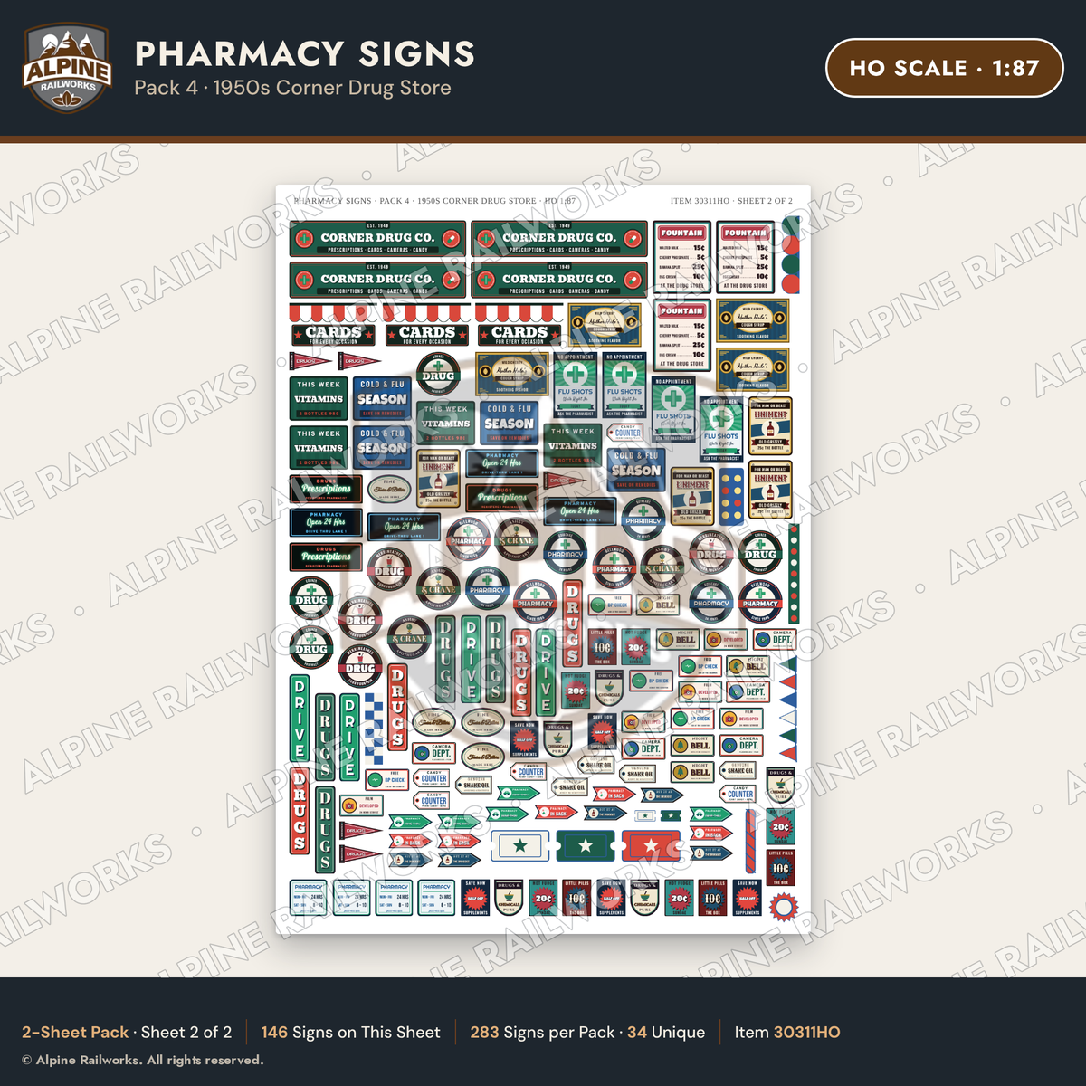 Alpine Railworks 30311HO HO Scale Pharmacy Signs - Corner Drug Store