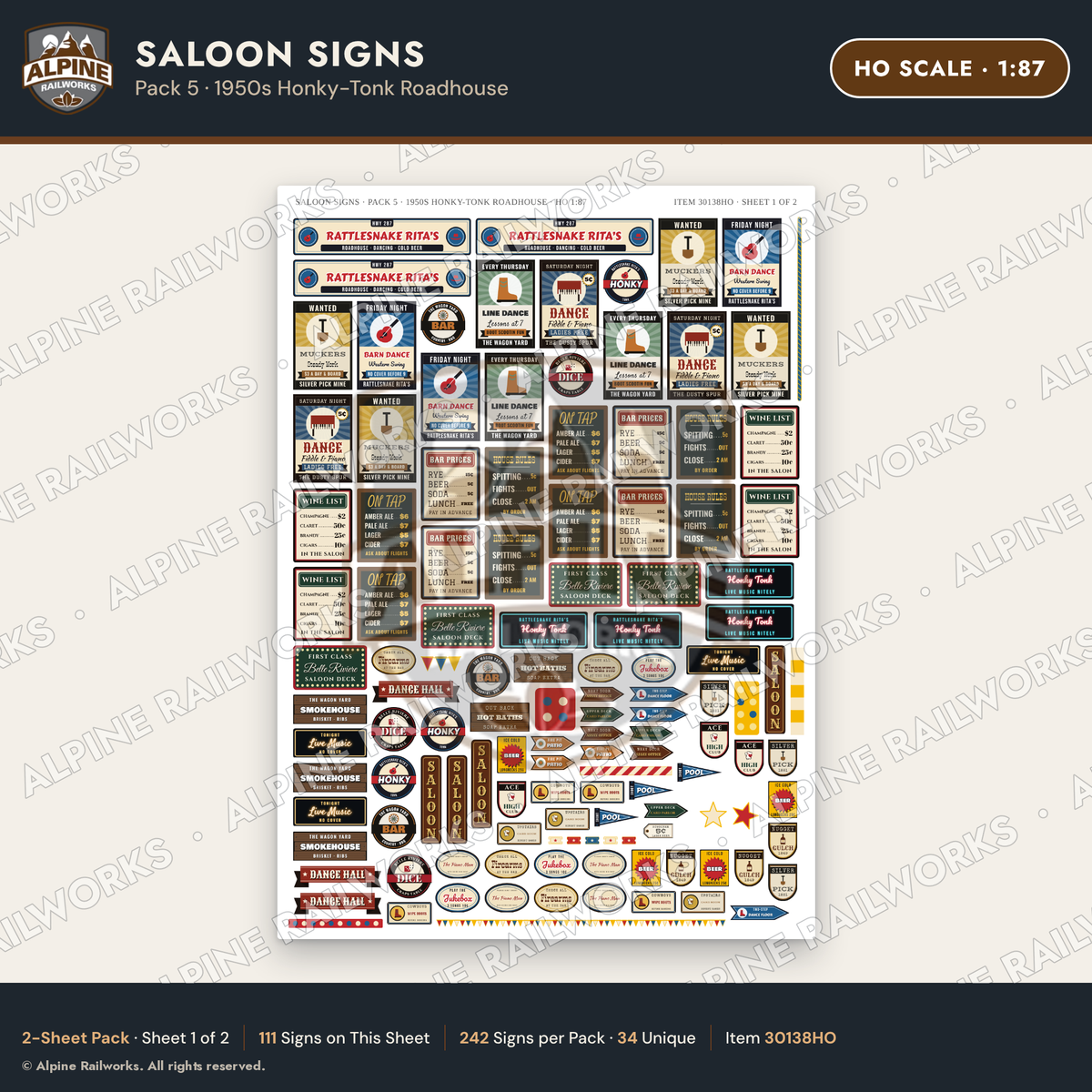 Alpine Railworks 30138HO HO Scale Saloon Signs - Honky-Tonk Roadhouse