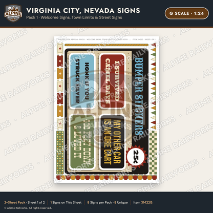 Alpine Railworks 31422G G Scale Virginia City NV Signs - Welcome Signs