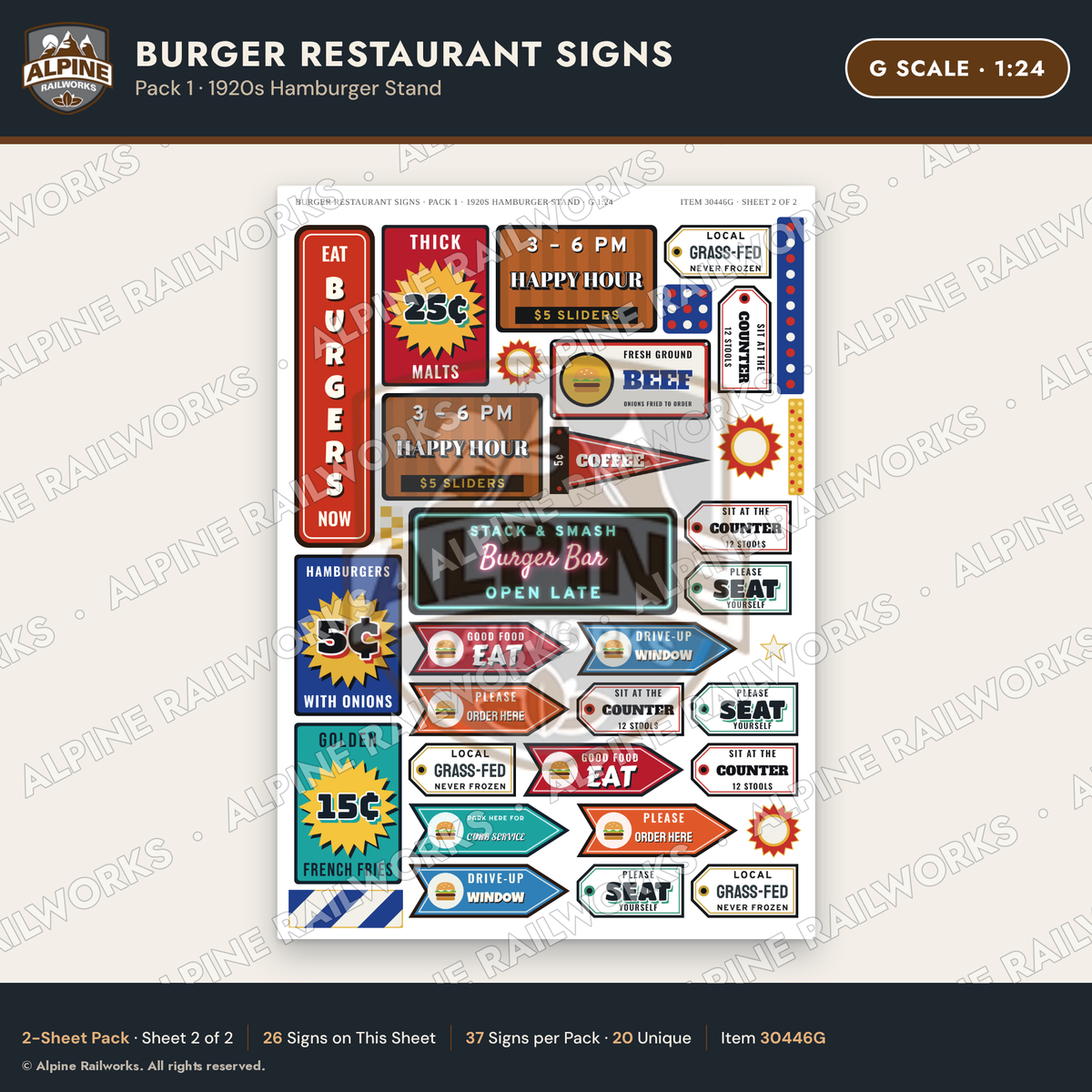 Alpine Railworks 30446G G Scale Burger Restaurant Signs