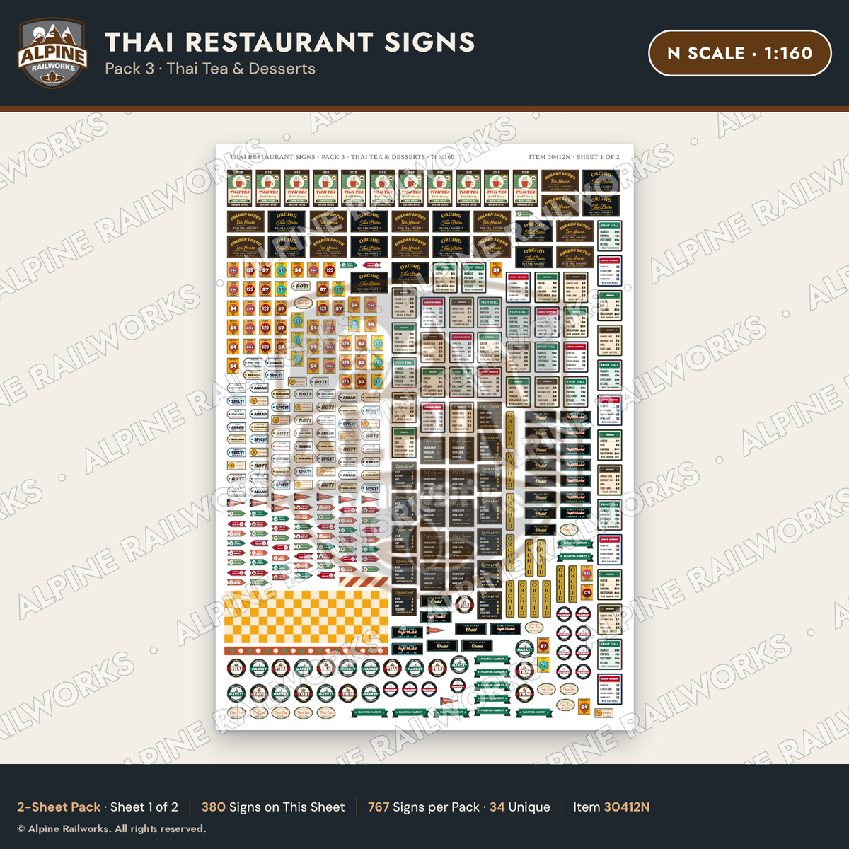 Alpine Railworks 30412N N Scale Thai Restaurant Signs - Thai Tea