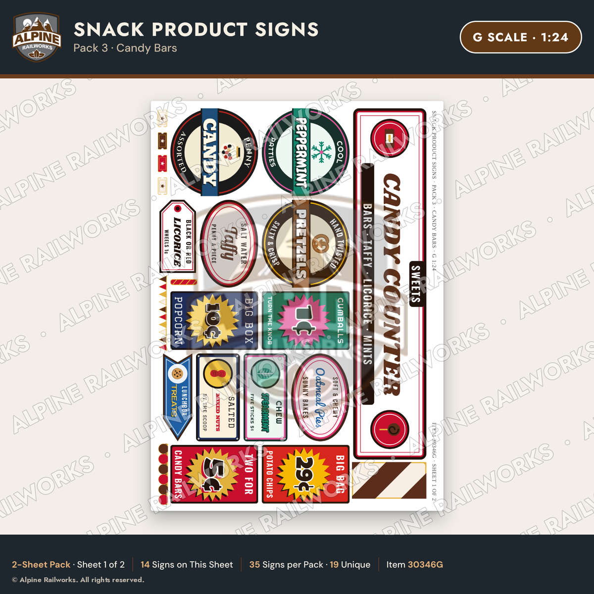 Alpine Railworks 30346G G Scale Snack Product Signs - Candy Bars