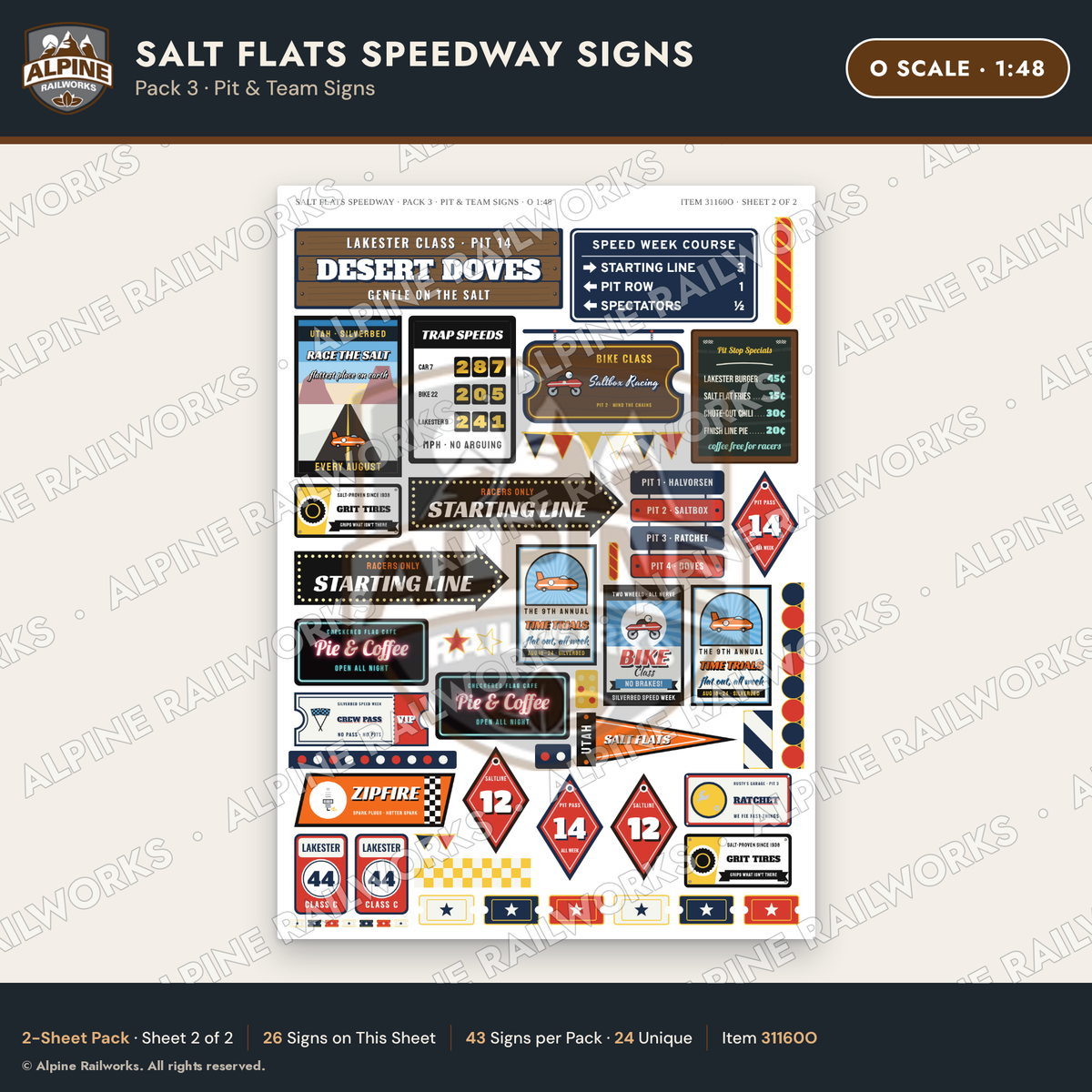 Alpine Railworks 31160O O Scale Racing Signs - Salt Flats Speedway